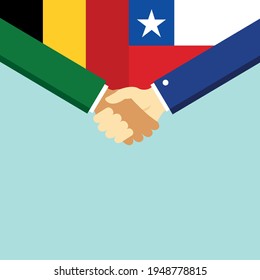 The handshake and two flags Belgium and Chile. Flat style vector illustration.