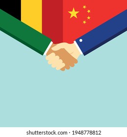 The handshake and two flags Belgium and China. Flat style vector illustration.