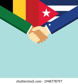 The handshake and two flags Belgium and Cuba. Flat style vector illustration.