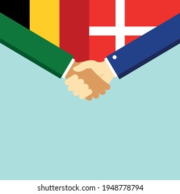 El apretón de manos y dos banderas Bélgica y Dinamarca. Ilustración vectorial de estilo plano.