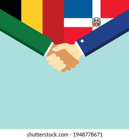 The handshake and two flags Belgium and El Salvador. Flat style vector illustration.
