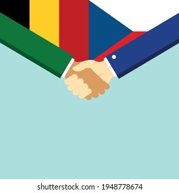 The handshake and two flags Belgium and El Salvador. Flat style vector illustration.
