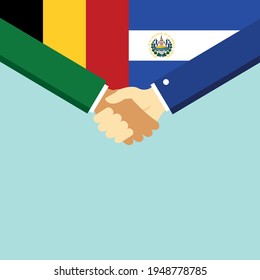 El apretón de manos y dos banderas Bélgica y El Salvador. Ilustración vectorial de estilo plano.

