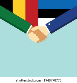 The handshake and two flags Belgium and Estonia. Flat style vector illustration.