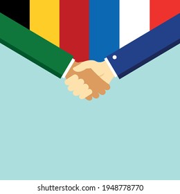 The handshake and two flags Belgium and France. Flat style vector illustration.