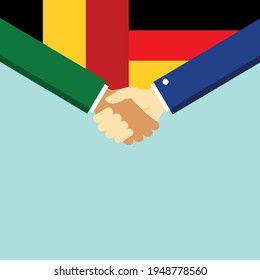 The handshake and two flags Belgium and Germany. Flat style vector illustration.