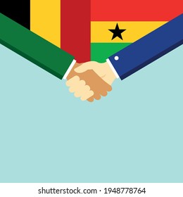 Der Handschlag und zwei Flaggen Belgien und Ghana. Flache Vektorgrafik.