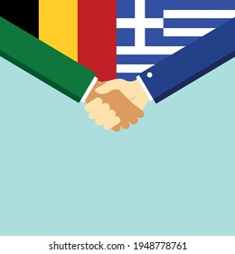 The handshake and two flags Belgium and Greece. Flat style vector illustration.