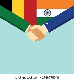 The handshake and two flags Belgium and India. Flat style vector illustration.