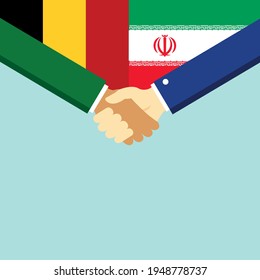 Der Handschlag und zwei Flaggen Belgien und Iran. Flache Vektorgrafik.
