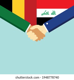 Der Handschlag und zwei Flaggen Belgien und Irak. Flache Vektorgrafik.