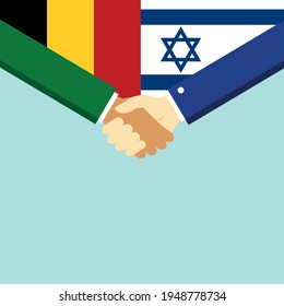The handshake and two flags Belgium and Israel. Flat style vector illustration.