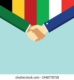 El apretón de manos y dos banderas Bélgica e Italia. Ilustración vectorial de estilo plano.