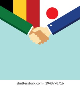 The handshake and two flags Belgium and Japan. Flat style vector illustration.