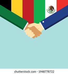 The handshake and two flags Belgium and Mexico. Flat style vector illustration.