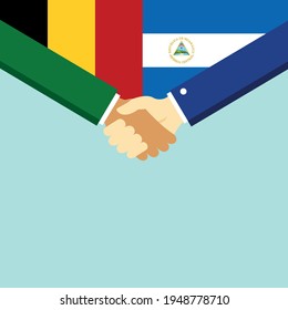 The handshake and two flags Belgium and Nicaragua. Flat style vector illustration.