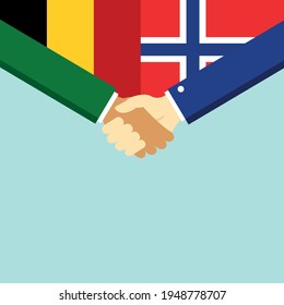 The handshake and two flags Belgium and Norway. Flat style vector illustration.
