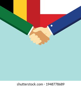 The handshake and two flags Belgium and Poland. Flat style vector illustration.
