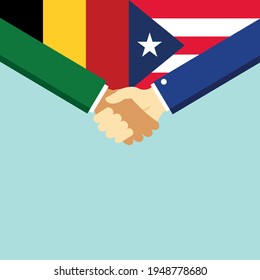 The handshake and two flags Belgium and Puerto Rico. Flat style vector illustration.
