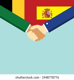 The handshake and two flags Belgium and Spain. Flat style vector illustration.