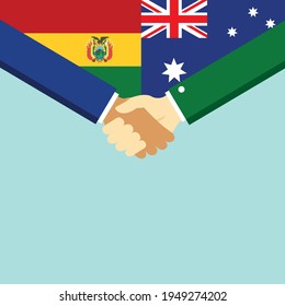The handshake and two flags Bolivia and Australia. Flat style vector illustration.