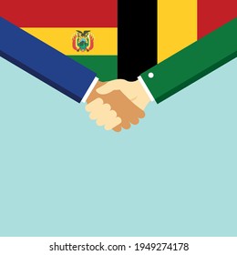 El apretón de manos y dos banderas: Bolivia y Bélgica. Ilustración vectorial de estilo plano.