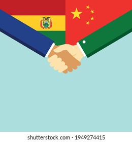 The handshake and two flags Bolivia and China. Flat style vector illustration.