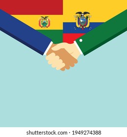 Der Handschlag und zwei Flaggen Bolivien und Ecuador. Flache Vektorgrafik.