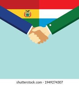 The handshake and two flags Bolivia and Luxembourg. Flat style vector illustration.