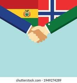 The handshake and two flags Bolivia and Norway. Flat style vector illustration.