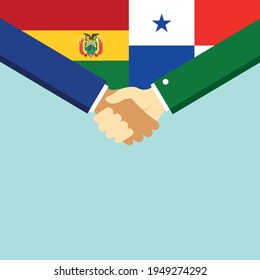 El apretón de manos y dos banderas son Bolivia y Panamá. Ilustración vectorial de estilo plano.
