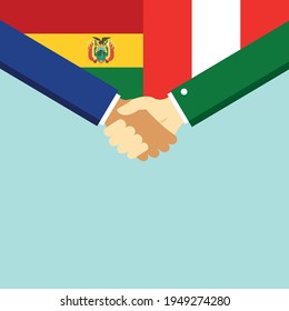 The handshake and two flags Bolivia and Peru. Flat style vector illustration.