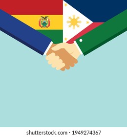 El apretón de manos y dos banderas son Bolivia y Filipinas. Ilustración vectorial de estilo plano.