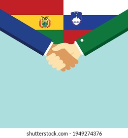 The handshake and two flags Bolivia and Slovenia. Flat style vector illustration.