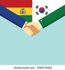 El apretón de manos y dos banderas son Bolivia y Corea del Sur. Ilustración vectorial de estilo plano.