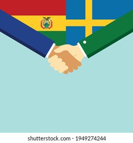 Der Handschlag und zwei Flaggen Bolivien und Schweden. Flache Vektorgrafik.