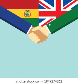 El apretón de manos y dos banderas son Bolivia y el Reino Unido. Ilustración vectorial de estilo plano.