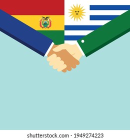 The handshake and two flags Bolivia and Uruguay. Flat style vector illustration.