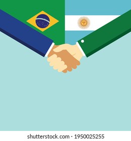 The handshake and two flags Brazil and Argentina. Flat style vector illustration.