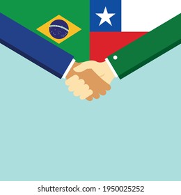 The handshake and two flags Brazil and Chile. Flat style vector illustration.