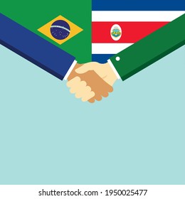 The handshake and two flags Brazil and Costa Rica. Flat style vector illustration.