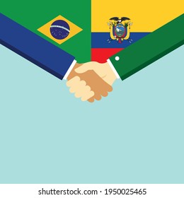 El apretón de manos y dos banderas: Brasil y Ecuador. Ilustración vectorial de estilo plano.
