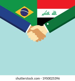 The handshake and two flags Brazil and Iraq. Flat style vector illustration.