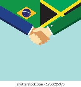 The handshake and two flags Brazil and Jamaica. Flat style vector illustration.