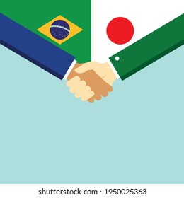 The handshake and two flags Brazil and Japan. Flat style vector illustration.