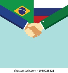 The handshake and two flags Brazil and Russia. Flat style vector illustration.