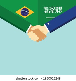 The handshake and two flags Brazil and Saudi Arabia. Flat style vector illustration.