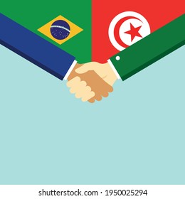 The handshake and two flags Brazil and Tunisia. Flat style vector illustration.