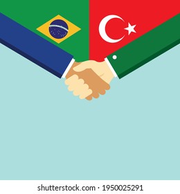 The handshake and two flags Brazil and Turkey. Flat style vector illustration.