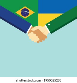 The handshake and two flags Brazil and Ukraine. Flat style vector illustration.
